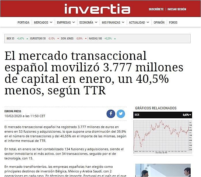 El mercado transaccional espaol moviliz 3.777 millones de capital en enero, un 40,5% menos, segn TTR